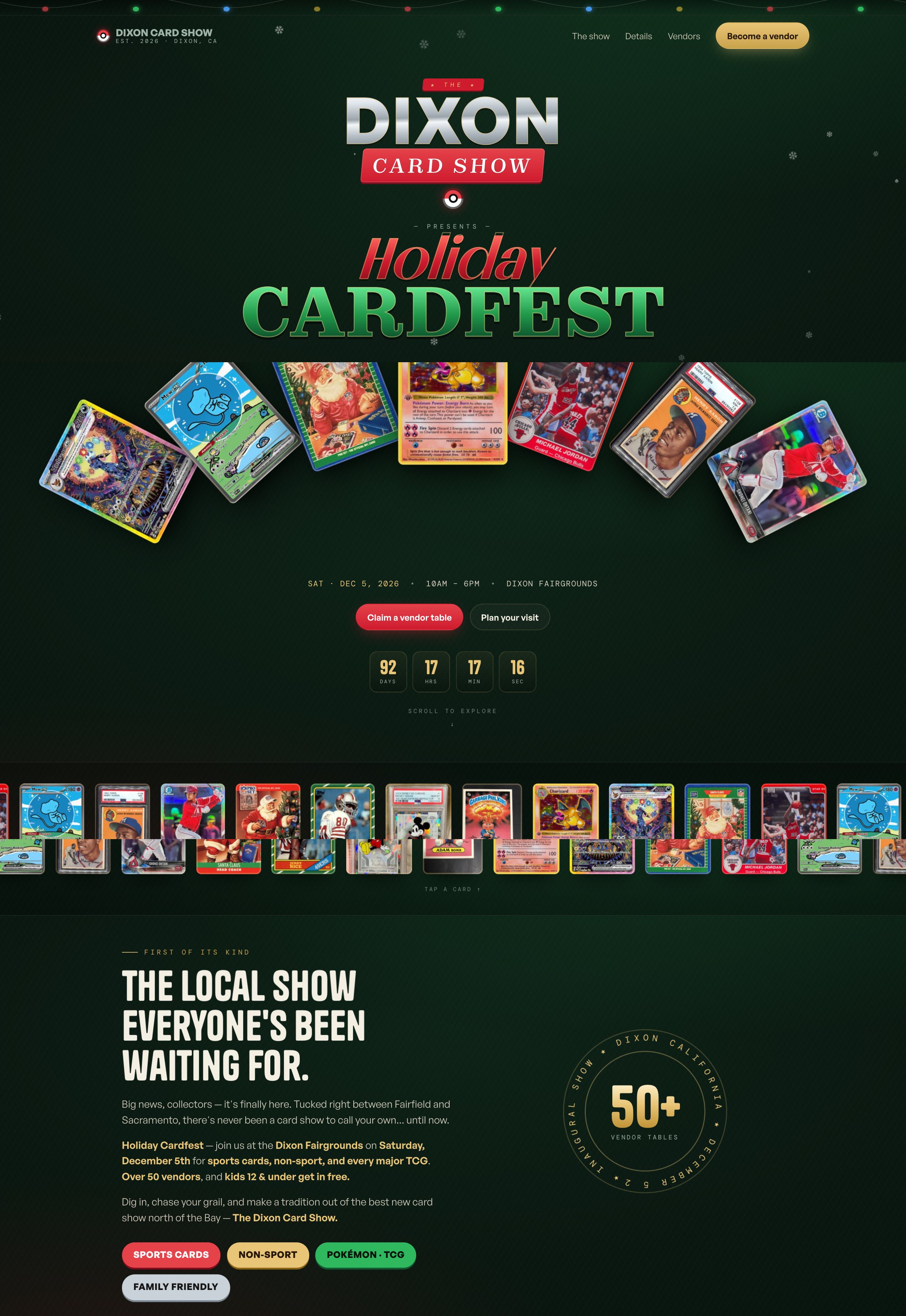 The Dixon Card Show — Holiday Cardfest site, five holographic cards fanned over deep green